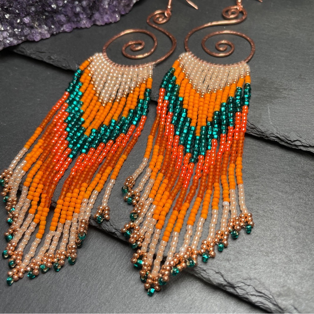 Hammered Copper Hoops With Long Orange Teal Glass Beaded Fringe Earrings - Picture 8 of 11